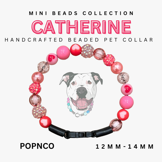 Handcrafted beaded pet collar with pink and red beads, featuring a dog illustration and product details.