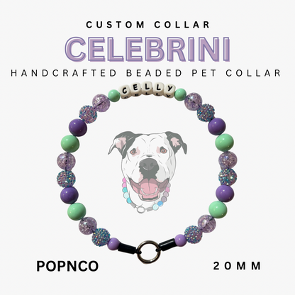 Handcrafted beaded pet collar with 'CELEBRINNI' branding and a dog illustration on a white background.