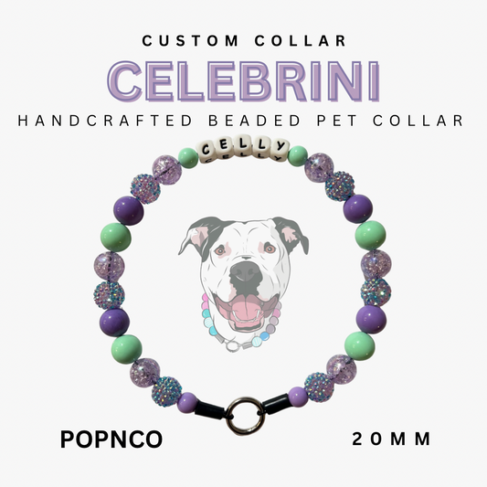 Handcrafted beaded pet collar with 'CELEBRINNI' branding and a dog illustration on a white background.
