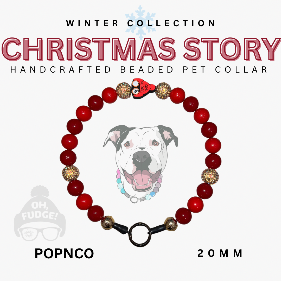 Handcrafted beaded pet collar with red beads and gold accents, featuring a dog illustration and text indicating 'Winter Collection Christmas Story' and 'POPNCO'.