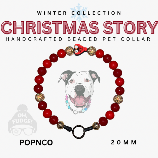 Handcrafted beaded pet collar with red beads and gold accents, featuring a dog illustration and text indicating 'Winter Collection Christmas Story' and 'POPNCO'.