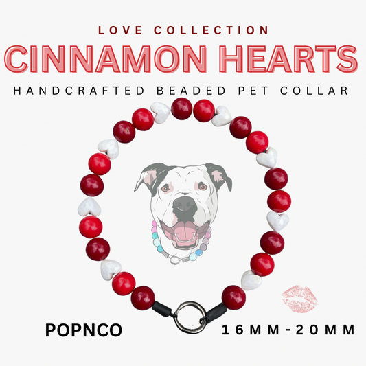 Handcrafted beaded pet collar with red and white beads on a white background, featuring 'Love Collection Cinnamon Hearts' text.