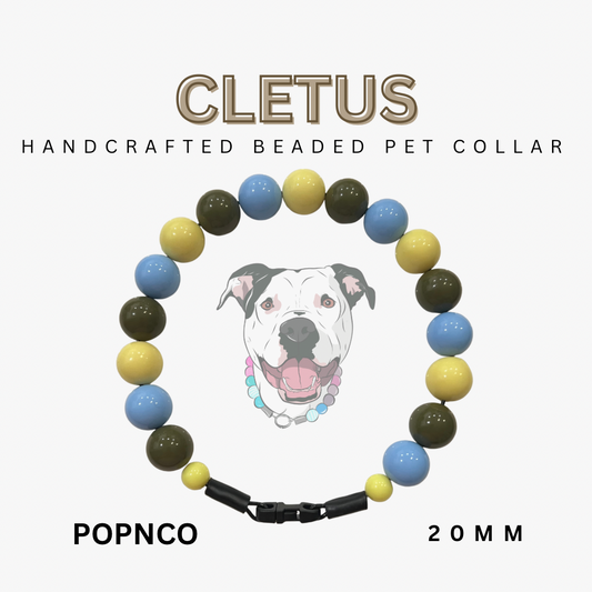 Handcrafted beaded pet collar with colorful beads and a dog illustration on a white background.
