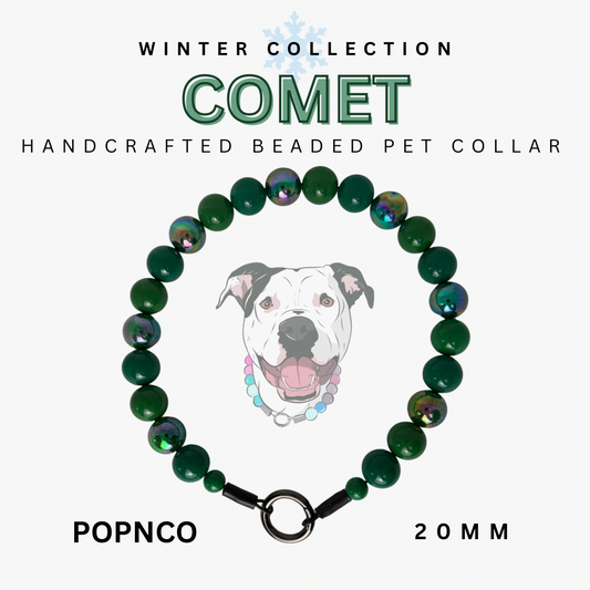 Handcrafted beaded pet collar with green beads and a black clasp, featuring a dog illustration on a white background.