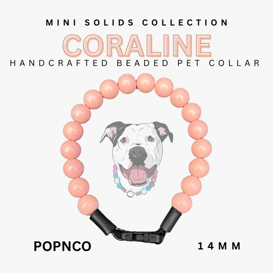 Handcrafted beaded pet collar with coral beads and black clasp, featuring a dog's face illustration.