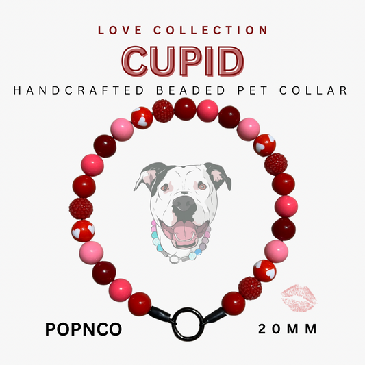 Handcrafted beaded pet collar with red and pink beads on a white background, featuring the brand 'POPNCO'.