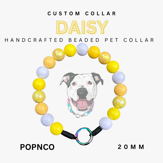 Handcrafted beaded pet collar with colorful beads and a dog's face on a white background