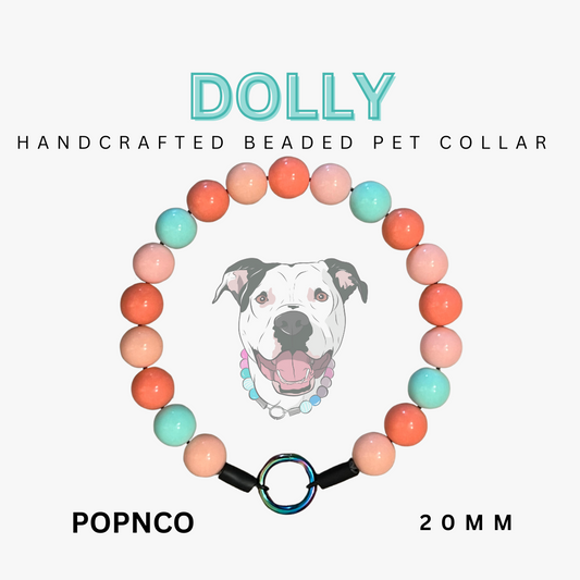 Handcrafted beaded pet collar with colorful beads and a dog illustration on a white background.
