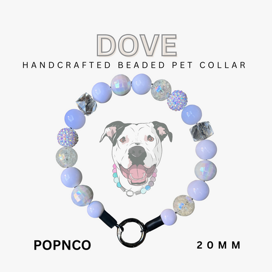 Handcrafted beaded pet collar with 'Dove' branding on a white background