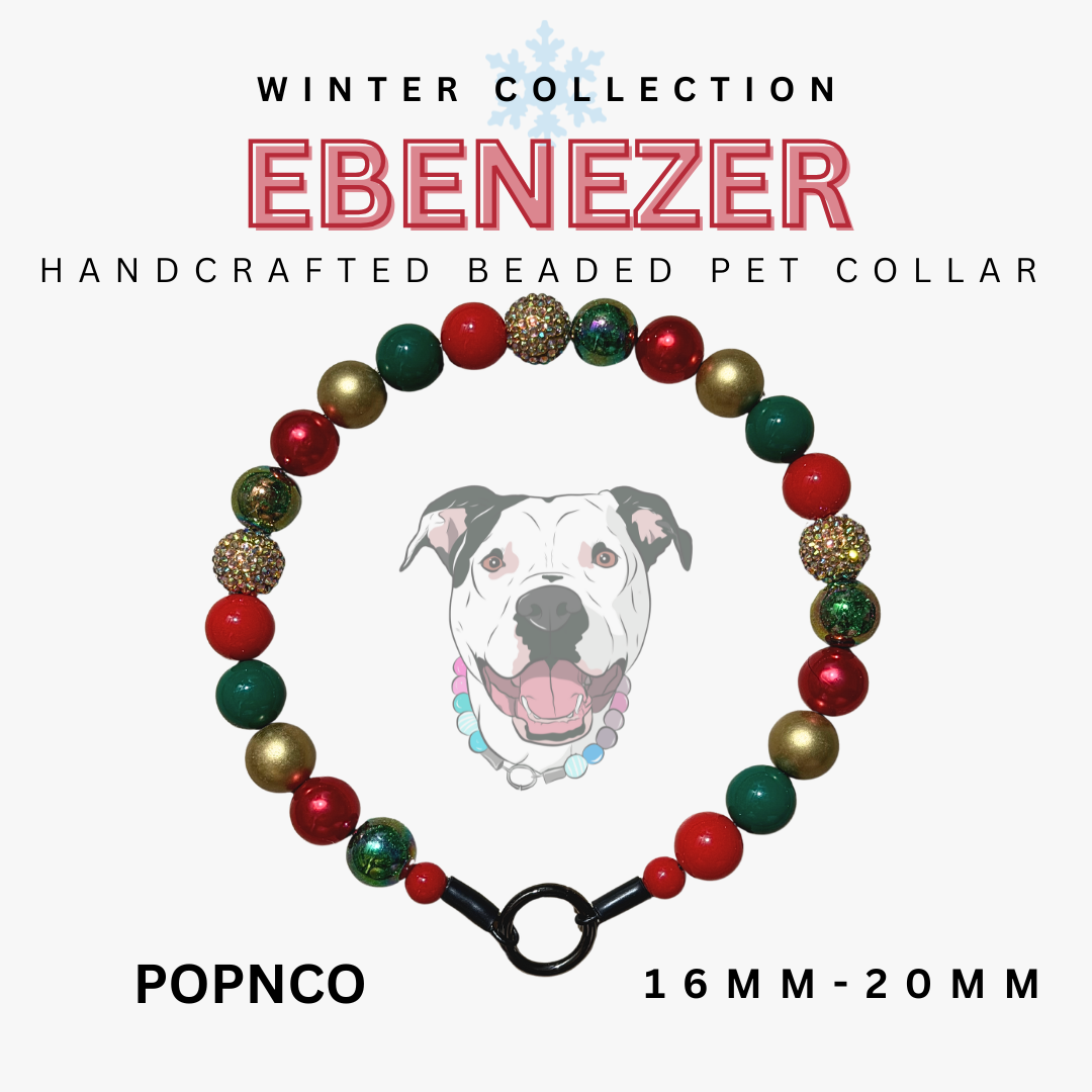 Handcrafted beaded pet collar with colorful beads and a dog illustration on a white background.