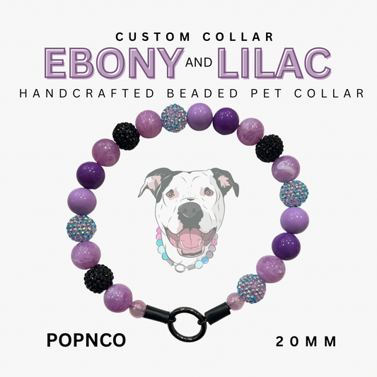 Handcrafted beaded pet collar with purple and black beads, featuring a dog illustration and brand name.