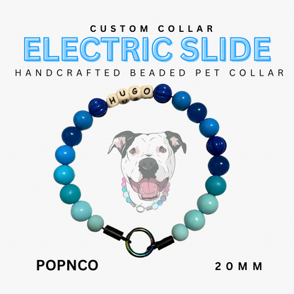 Handcrafted beaded pet collar with 'Hugo' on a white background