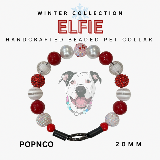 Handcrafted beaded pet collar with red, silver, and white beads on a white background, featuring the brand 'ELFIE'.