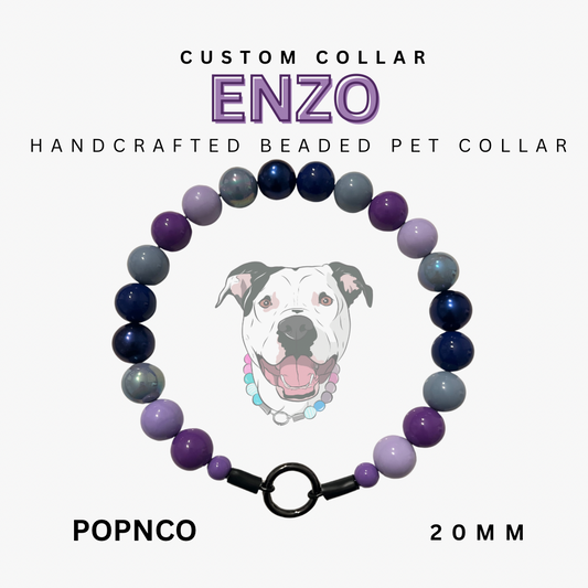 Handcrafted beaded pet collar with 'Enzo' branding on a white background
