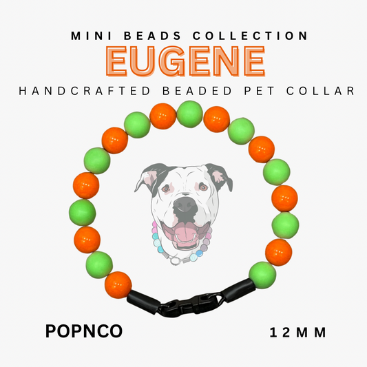 Handcrafted beaded pet collar with green and orange beads on a white background, featuring the brand 'Eugene'.