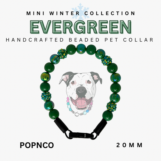 Handcrafted beaded pet collar with green beads and a black strap, featuring a dog illustration on a white background.