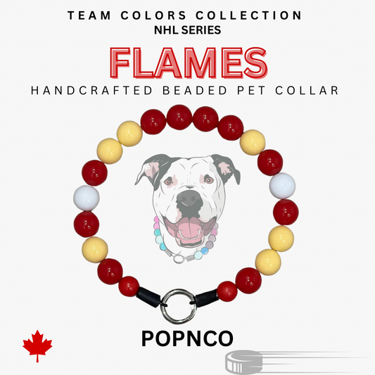 A handcrafted beaded pet collar with red, white, and yellow beads and a pitbull dog face in the center, labeled 'FLAMES' and 'TEAM COLORS NHL SERIES' with a 'POPNCO' brand logo. POPNCO