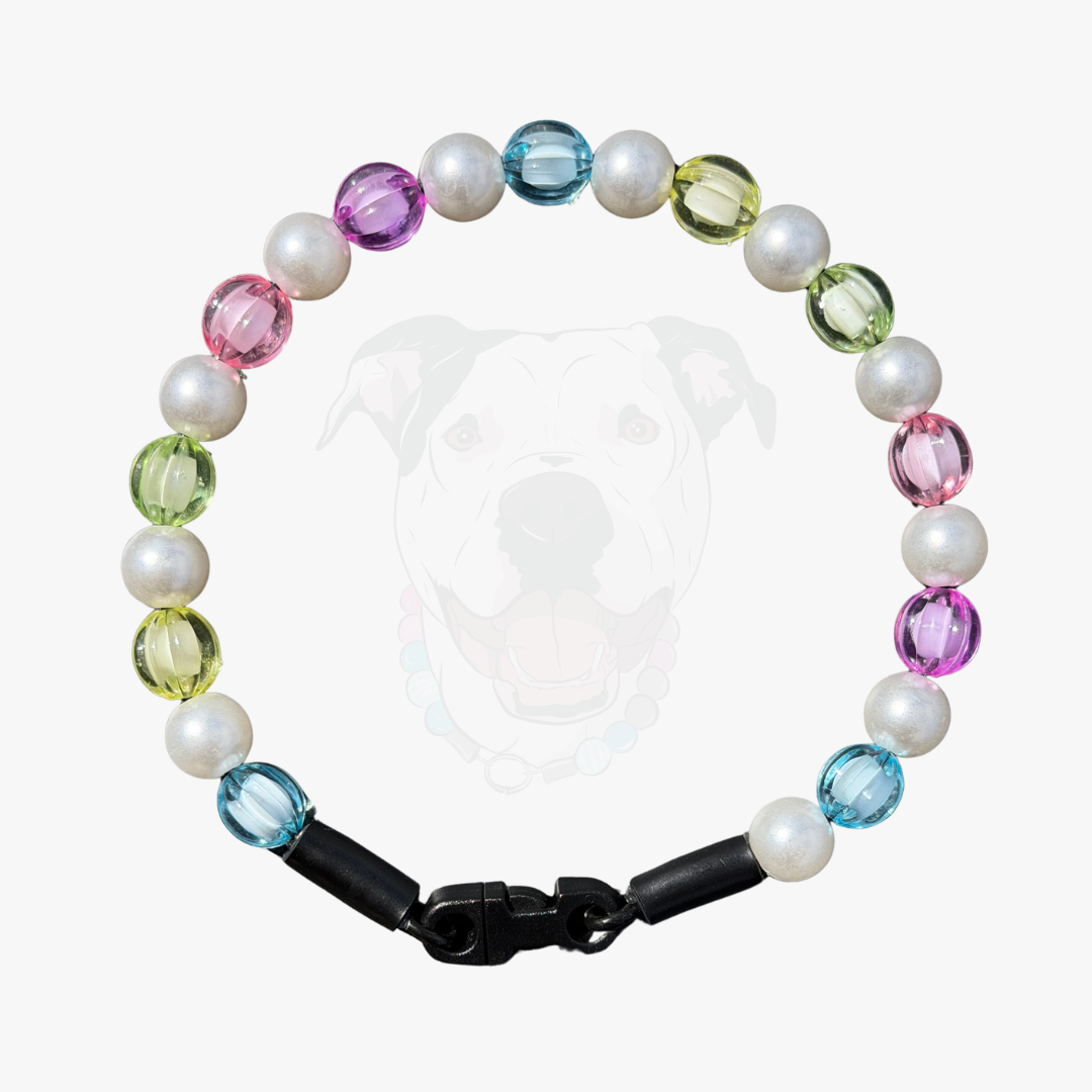 Rainbow Theme Beaded pet Collar from POPNCO featuring 12mm beads alternating Blue, yellow, green, pink, purple faceted beads alternating with acrylic pearls. 