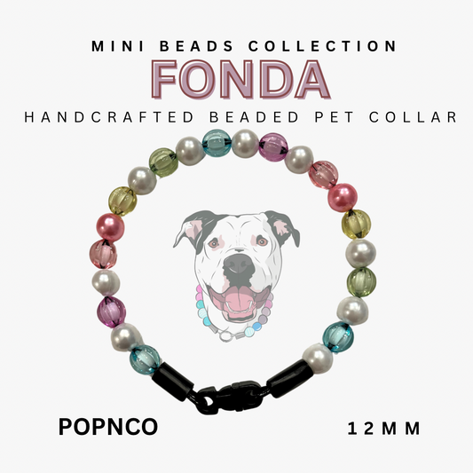 Handcrafted beaded pet collar with colorful beads and a dog illustration, branded 'Fonda'.