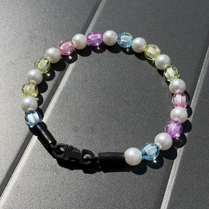 Rainbow Theme Beaded pet Collar from POPNCO featuring 12mm beads alternating Blue, yellow, green, pink, purple faceted beads alternating with acrylic pearls. 