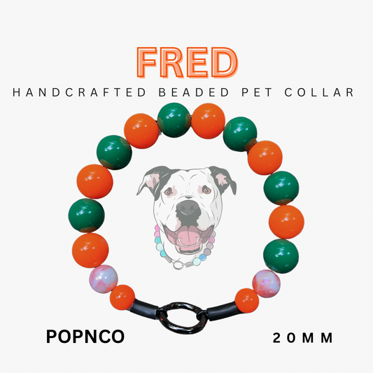 Handcrafted beaded pet collar with colorful beads and a dog illustration on a white background.