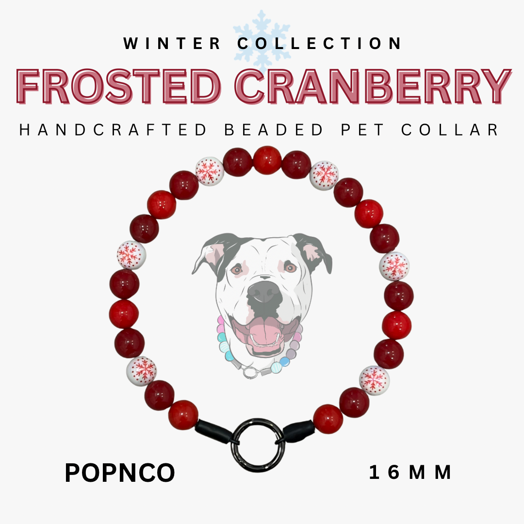 Handcrafted beaded pet collar with red beads and a black clasp, featuring a dog illustration on a white background.
