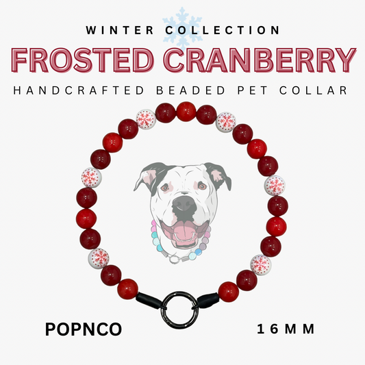 Handcrafted beaded pet collar with red beads and a black clasp, featuring a dog illustration on a white background.