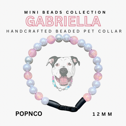 Handcrafted beaded pet collar with 'Gabriella' branding on a white background