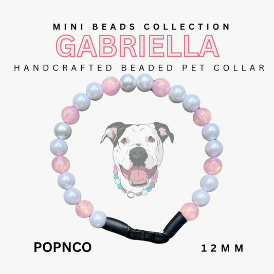 Handcrafted beaded pet collar with 'Gabriella' branding on a white background