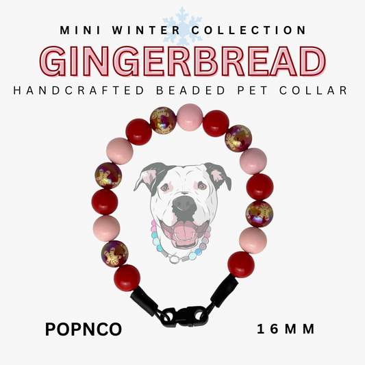 Handcrafted beaded pet collar with gingerbread theme on a white background