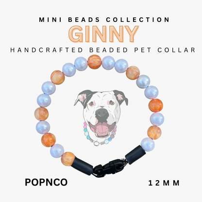 Handcrafted beaded pet collar with colorful beads and a dog illustration on a white background.