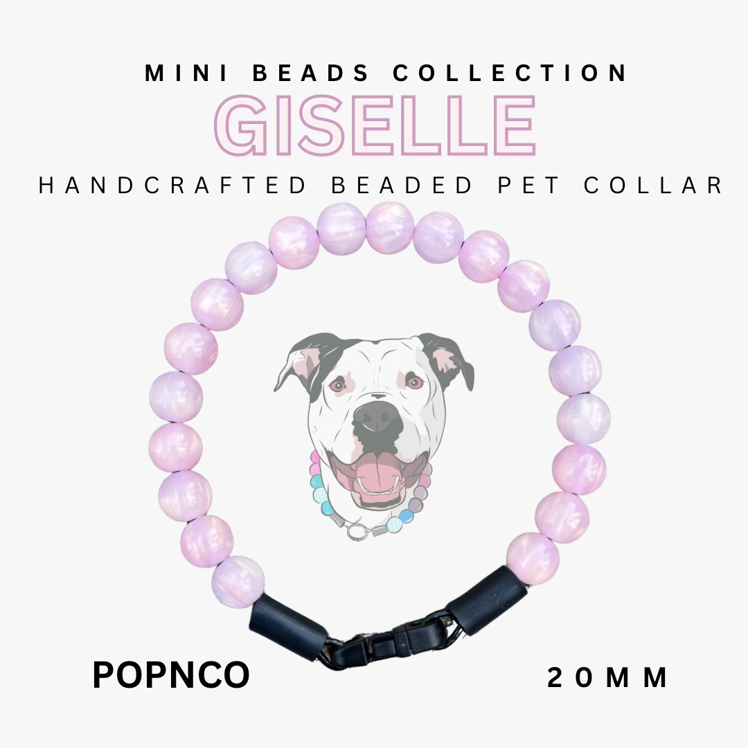 Handcrafted beaded pet collar with pink beads and black clasp, featuring a dog illustration on a white background.