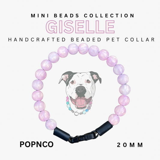 Handcrafted beaded pet collar with pink beads and black clasp, featuring a dog illustration on a white background.