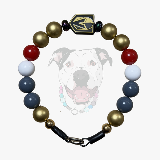 NHL Golden Knights Team Colors Game Day Grey, Gold, red and White beaded Pet collar on aircraft grade stainless steel wire laying flat on a white surface. 