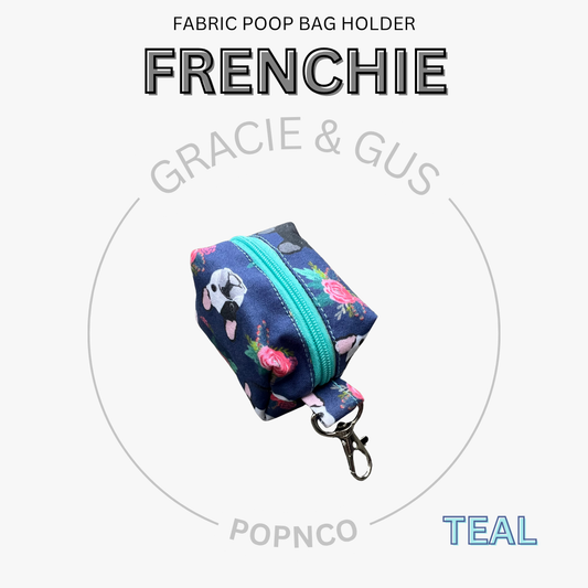 Fabric poop bag holder with floral design and teal zipper on a white background, branded as FRENCHIE by Gracie & Gus.