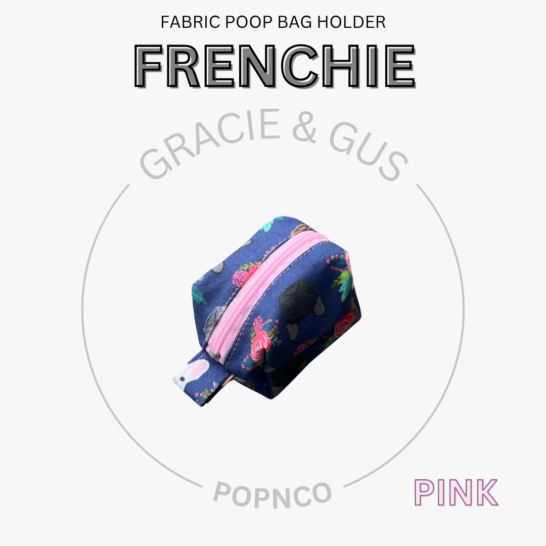 Fabric poop bag holder with pink zipper on a white background, featuring the brand 'FRENCHIE' and 'Gracie & Gus'.