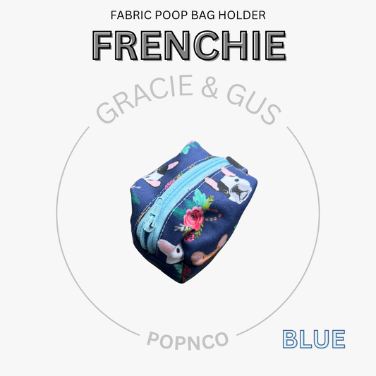 Fabric poop bag holder with floral design and blue zipper, branded as FRENCHIE by Gracie & Gus on a white background.