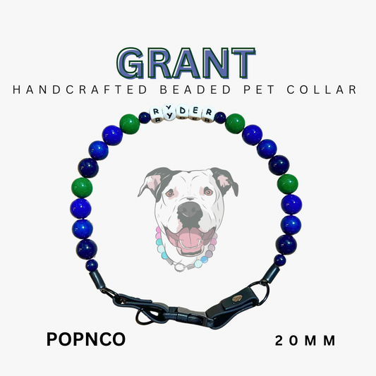 Handcrafted beaded pet collar with 'GRANT' branding on a white background