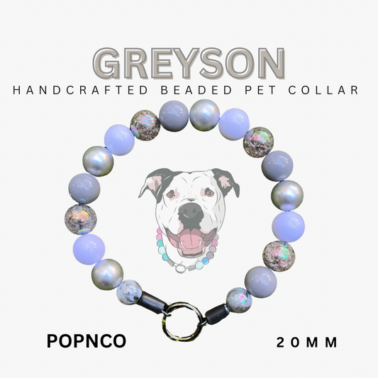 Handcrafted beaded pet collar with 'Greyson' branding on a white background
