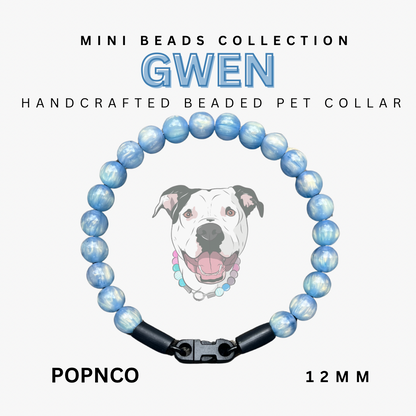Handcrafted beaded pet collar with blue beads and black clasp, featuring a dog illustration and product details.