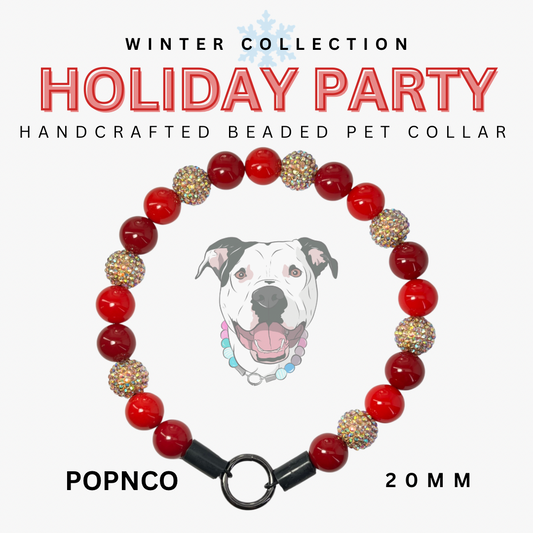Handcrafted beaded pet collar with red and gold beads on a white background, featuring 'Popnco' brand.