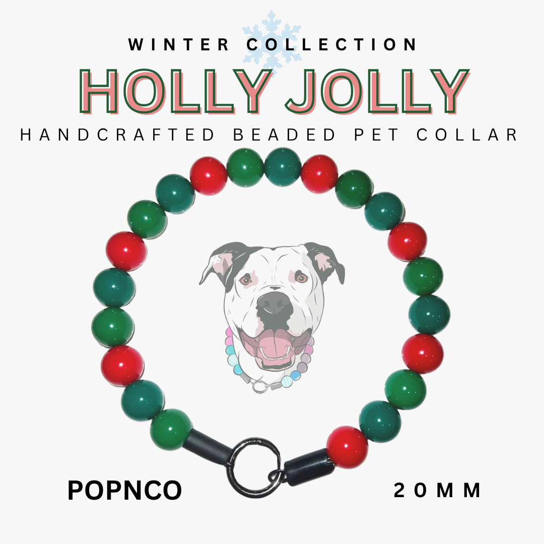 Handcrafted beaded pet collar with red and green beads on a white background, featuring 'Holly Jolly' text.
