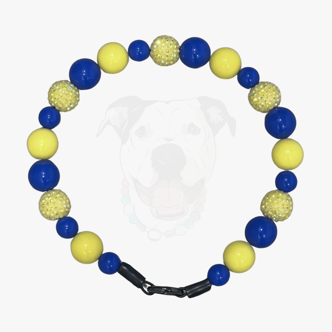 POPNCO beaded pet collar Homer from the Biggie Smalls collection, featuring alternating Yellow and Blue acrylic beads on aircraft grade stainless steel wire. 