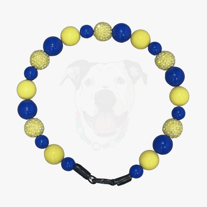 POPNCO beaded pet collar Homer from the Biggie Smalls collection, featuring alternating Yellow and Blue acrylic beads on aircraft grade stainless steel wire. 