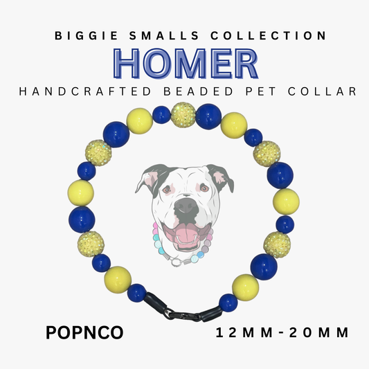 Handcrafted beaded pet collar with colorful beads and a dog's face in the center, labeled 'Homer' from the 'Biggie Smalls Collection'.
