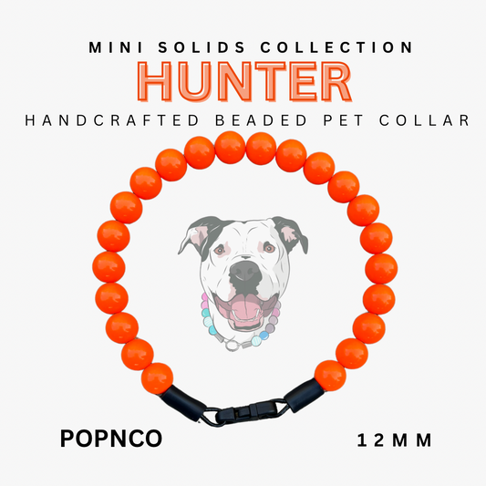 Handcrafted beaded pet collar with orange beads and black strap, featuring a dog illustration and text about the 'Mini Solids Collection' and brand 'POPNCO'.
