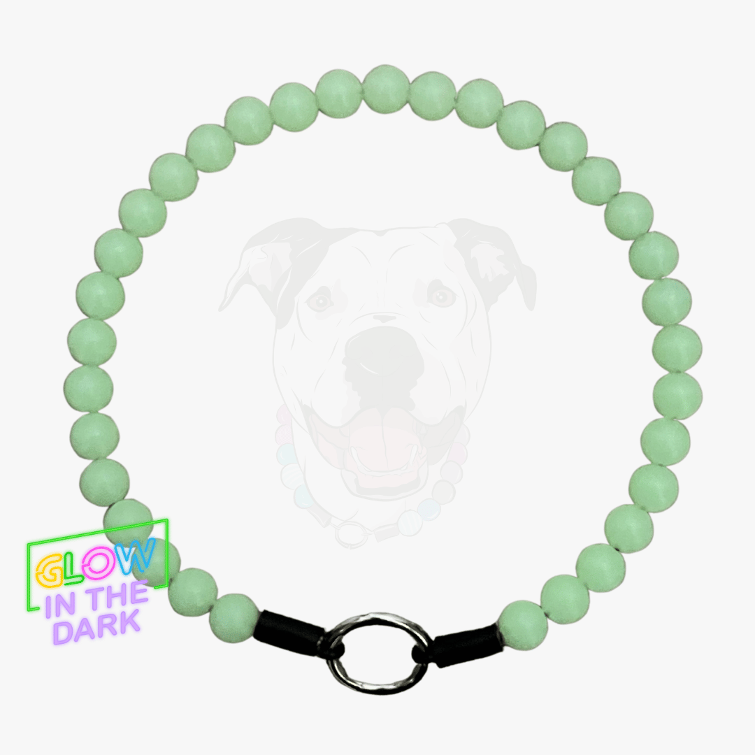 Green glow in the dark 12mm beaded collar with a clasp on a white background
