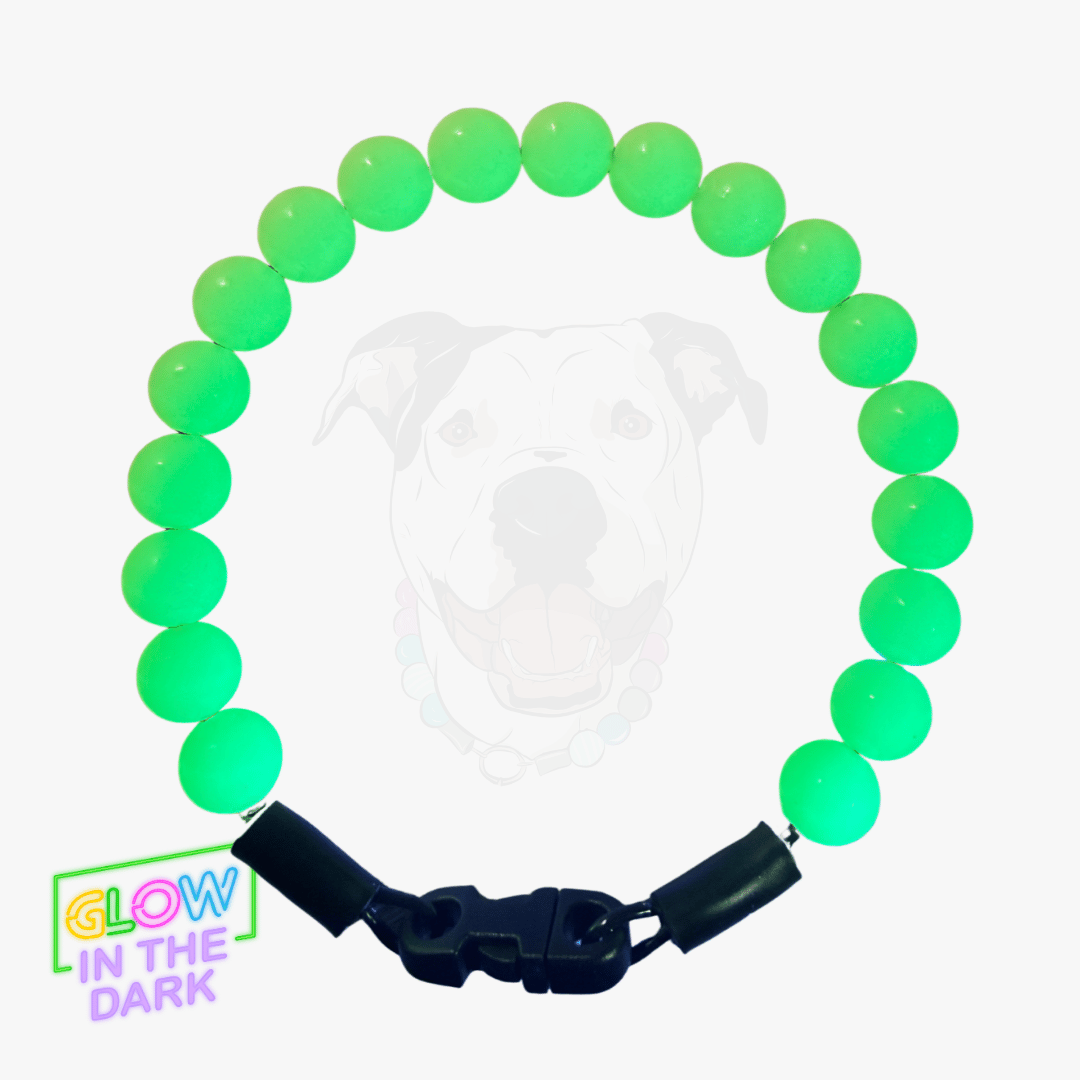 Green glow in the dark 12mm beaded collar with a clasp on a white background