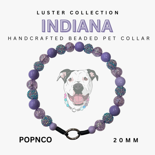 Handcrafted beaded pet collar with purple and black beads, featuring a dog illustration and text about the Luster Collection.