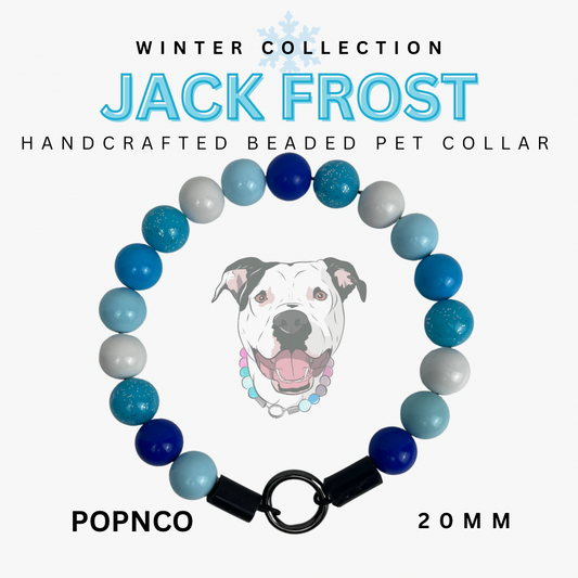 Handcrafted beaded pet collar with blue, gray, and black beads, featuring a dog illustration and 'Jack Frost' branding.